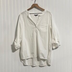 John Mark L White Cotton Button Back Blouse Mesh Grid Detail Artsy Lagenlook